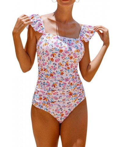 Women's Ruffle Shoulder One Piece Bathing Suit Belted Leopard Color Block Swimsuit White $22.61 Swimsuits