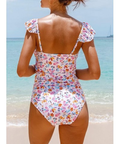 Women's Ruffle Shoulder One Piece Bathing Suit Belted Leopard Color Block Swimsuit White $22.61 Swimsuits