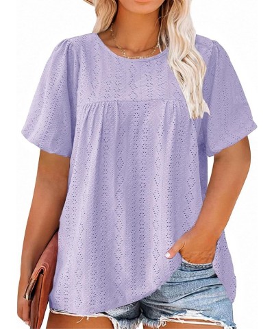 Womens Plus Size Tops Puff Short Sleeve Crewneck Shirts Summer Casual Eyelet Flowy Tee Shirt Blouse 1x-4x Purple $16.81 Blouses