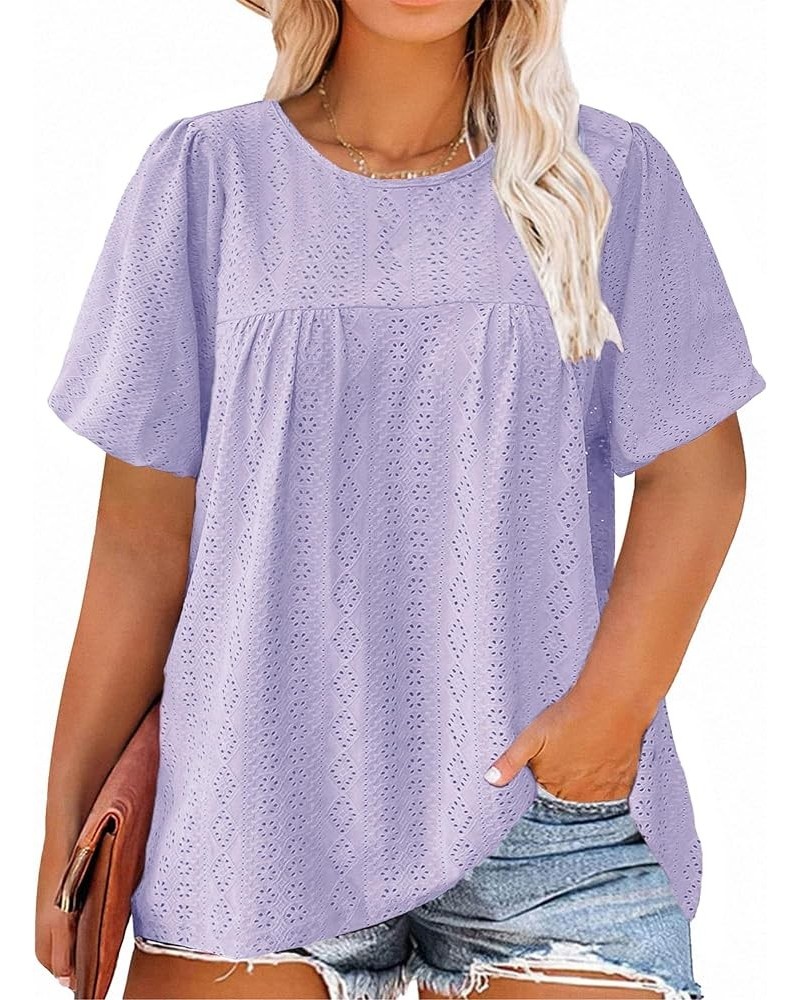 Womens Plus Size Tops Puff Short Sleeve Crewneck Shirts Summer Casual Eyelet Flowy Tee Shirt Blouse 1x-4x Purple $16.81 Blouses