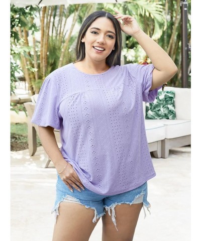 Womens Plus Size Tops Puff Short Sleeve Crewneck Shirts Summer Casual Eyelet Flowy Tee Shirt Blouse 1x-4x Purple $16.81 Blouses