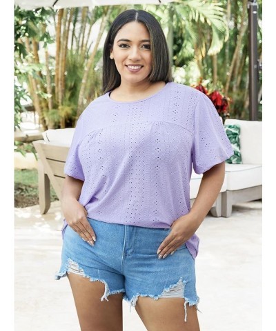 Womens Plus Size Tops Puff Short Sleeve Crewneck Shirts Summer Casual Eyelet Flowy Tee Shirt Blouse 1x-4x Purple $16.81 Blouses