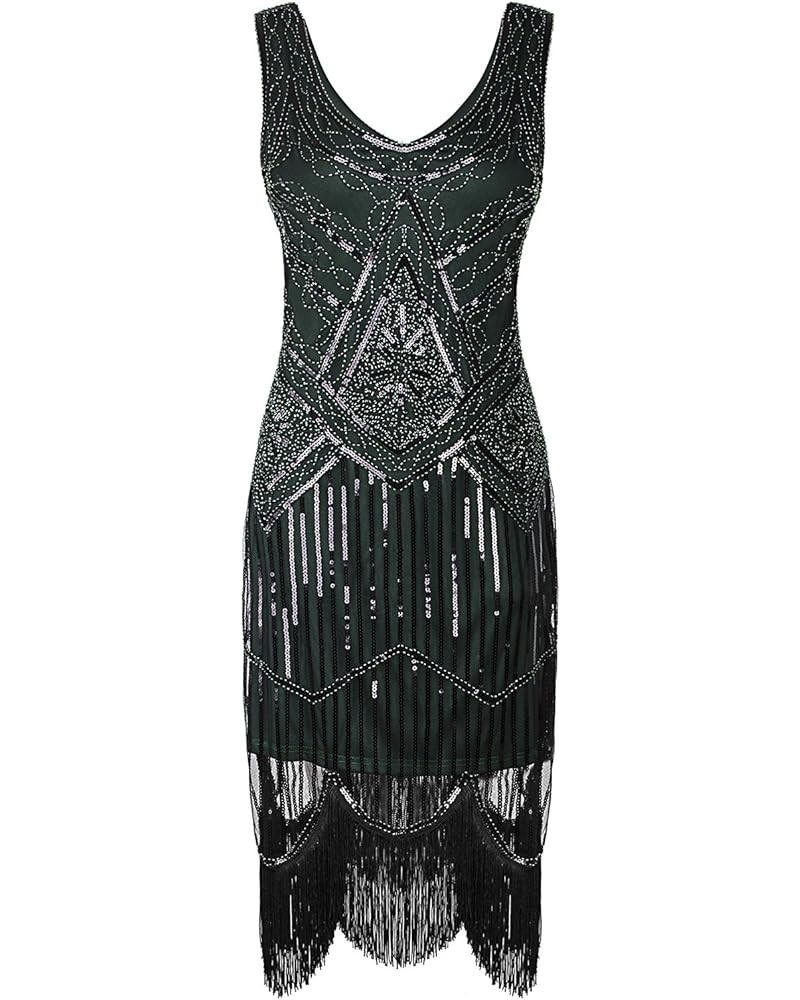 Women's 1920s Gastby Inspired Sequined Embellished Fringed Flapper Dress Dark Green $20.25 Dresses