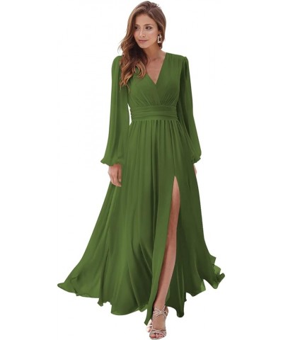 Women's Long Sleeve Bridesmaid Dresses with Slit V Neck A Line Chiffon Formal Evening Gowns with Pockets YJ107 Olive Green $2...