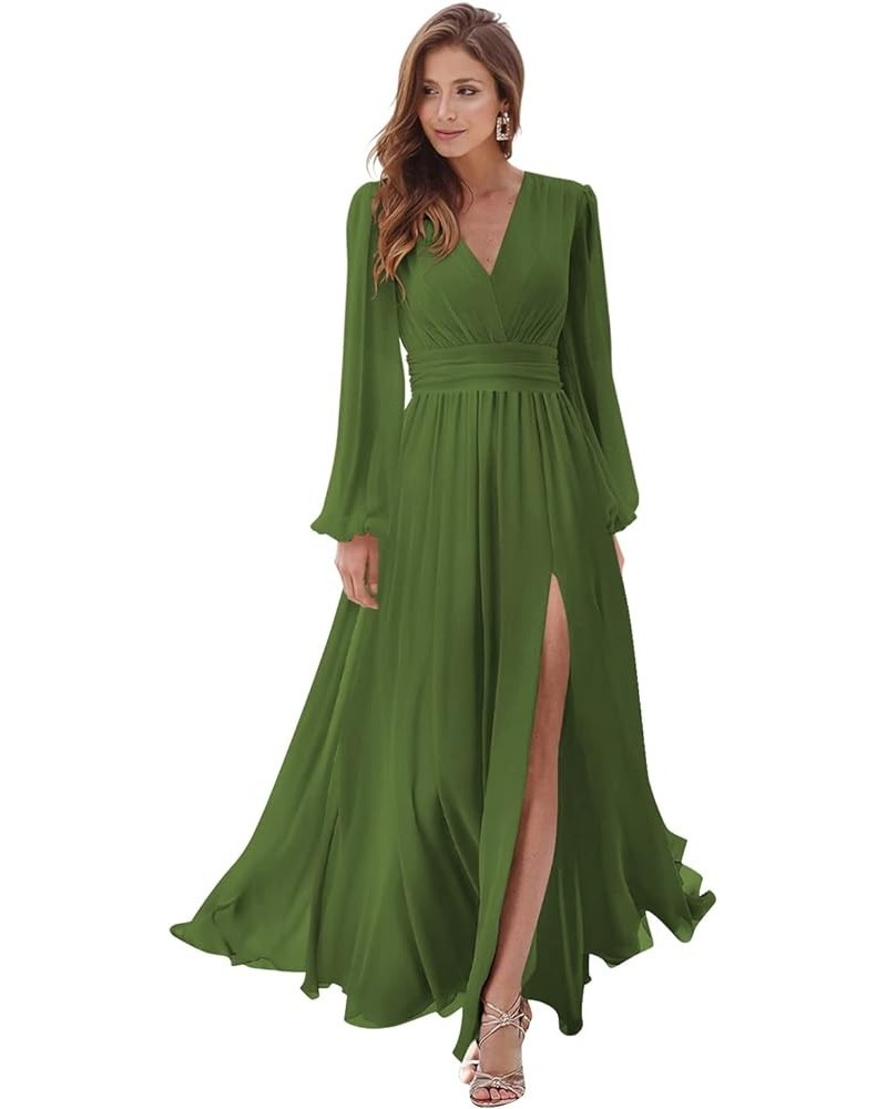 Women's Long Sleeve Bridesmaid Dresses with Slit V Neck A Line Chiffon Formal Evening Gowns with Pockets YJ107 Olive Green $2...