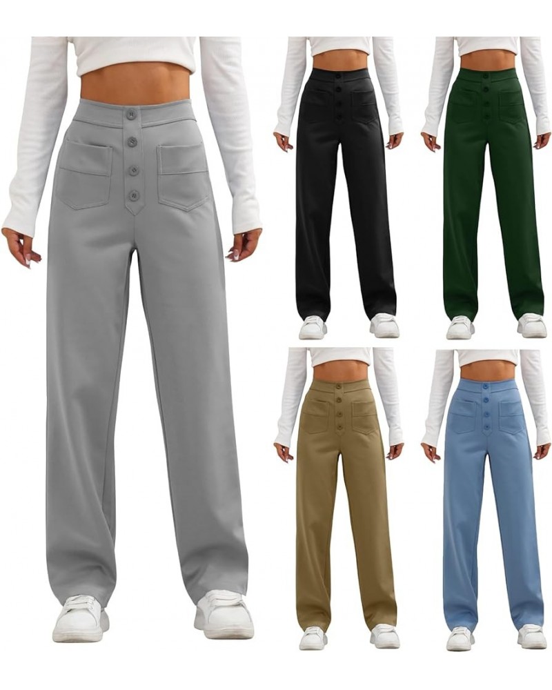 Womens Palazzo Pants Dressy High Waisted Button Up Multiple Pockets Straight Wide Leg Pants Stretchy Business Trousers A03-br...