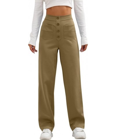 Womens Palazzo Pants Dressy High Waisted Button Up Multiple Pockets Straight Wide Leg Pants Stretchy Business Trousers A03-br...