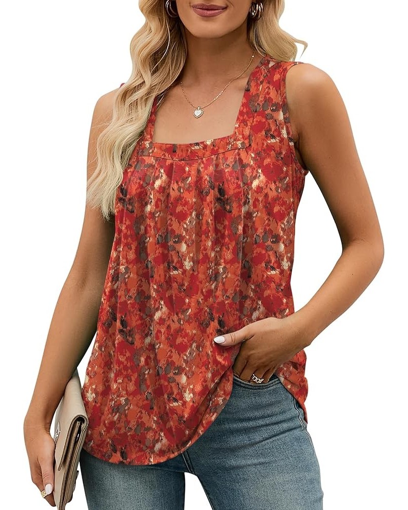 Summer Tank Top for Women Square Neck Sleeveless Tops Flowy Pleated Tunic Loose Fit S-3XL Red Print $11.76 Tanks