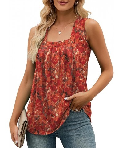 Summer Tank Top for Women Square Neck Sleeveless Tops Flowy Pleated Tunic Loose Fit S-3XL Red Print $11.76 Tanks