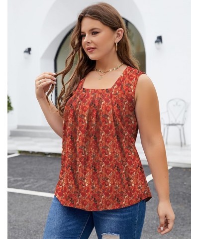 Summer Tank Top for Women Square Neck Sleeveless Tops Flowy Pleated Tunic Loose Fit S-3XL Red Print $11.76 Tanks