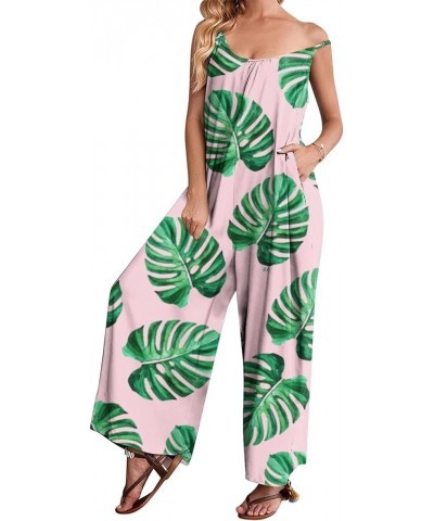 Spaghetti Strap Jumpsuits For Women Sexy Summer Sleeveless Baggy Bib Overall Printed Casual Wide Leg Pants Romper 022 Green $...