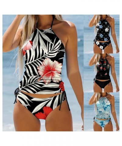 Tankini Swimsuits for Women 2 Piece Floral Print Halter Neck Adjustable Strap Sexy Beach Swimwear Pool Bathing Suits Black Ta...