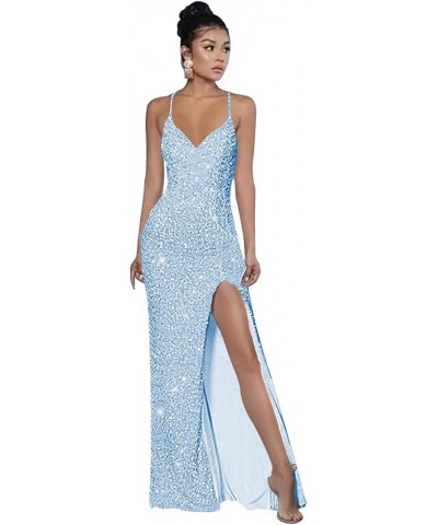 Spaghetti Strap V Neck Sequin Prom Dresses for Teens High Slit Long Evening Party Dress YMS245 A-light Blue $30.55 Dresses