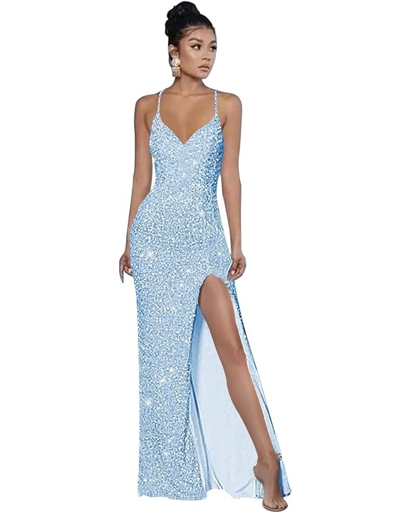 Spaghetti Strap V Neck Sequin Prom Dresses for Teens High Slit Long Evening Party Dress YMS245 A-light Blue $30.55 Dresses