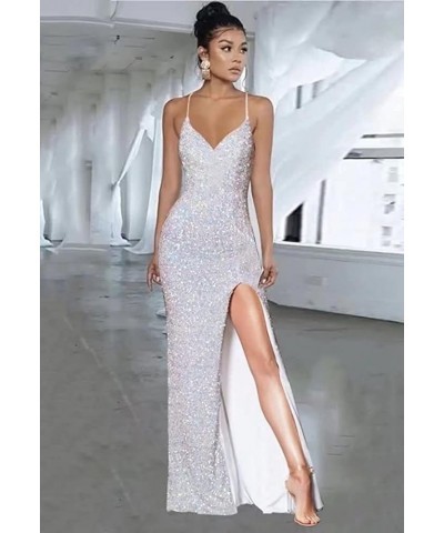 Spaghetti Strap V Neck Sequin Prom Dresses for Teens High Slit Long Evening Party Dress YMS245 A-light Blue $30.55 Dresses