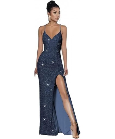 Spaghetti Strap V Neck Sequin Prom Dresses for Teens High Slit Long Evening Party Dress YMS245 A-light Blue $30.55 Dresses