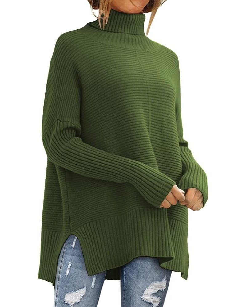 Womens Turtleneck Long Batwing Sleeve Sweaters 2023 Fall Oversized Split Hem Pullover Sweater Army Green $12.74 Sweaters