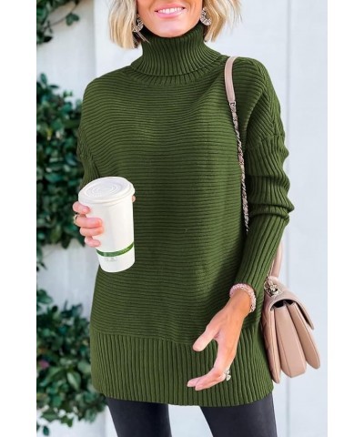 Womens Turtleneck Long Batwing Sleeve Sweaters 2023 Fall Oversized Split Hem Pullover Sweater Army Green $12.74 Sweaters