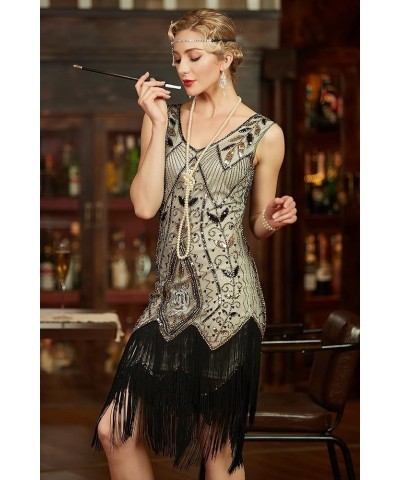 Women's 1920s Flapper Dress Sequins Art Deco Fringed Sleeveless Gatsby Dress Champagne Gold $18.45 Dresses