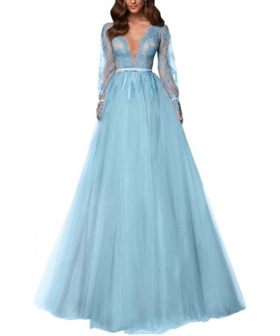 Long Sleeve Prom Dress V-Neck Laces Tulle Wedding Dresses A Line Formal Evening Gowns Sky Blue $41.17 Dresses