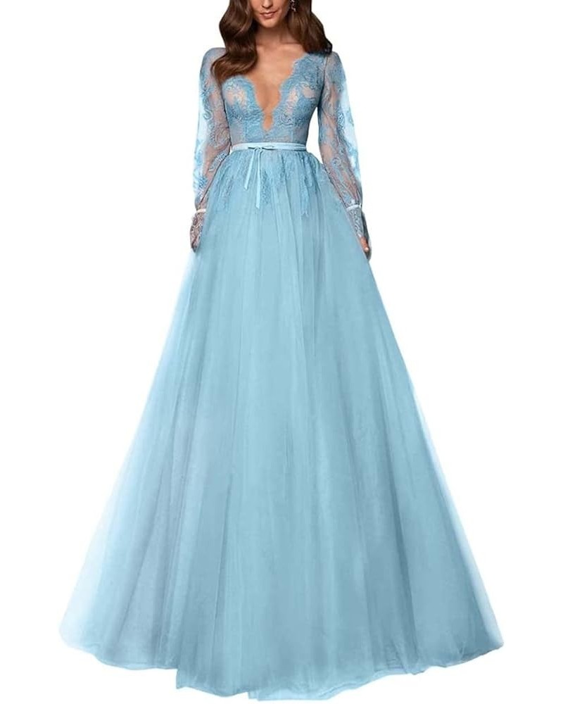 Long Sleeve Prom Dress V-Neck Laces Tulle Wedding Dresses A Line Formal Evening Gowns Sky Blue $41.17 Dresses