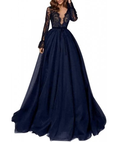 Long Sleeve Prom Dress V-Neck Laces Tulle Wedding Dresses A Line Formal Evening Gowns Sky Blue $41.17 Dresses