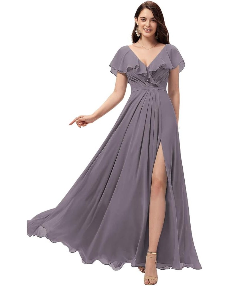 Women's Long V Neck Bridesmaid Dresses with Slit Ruffle Chiffon Formal Evening Gowns YZTS004 Wisteria $28.60 Dresses