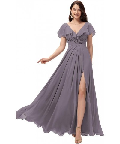 Women's Long V Neck Bridesmaid Dresses with Slit Ruffle Chiffon Formal Evening Gowns YZTS004 Wisteria $28.60 Dresses