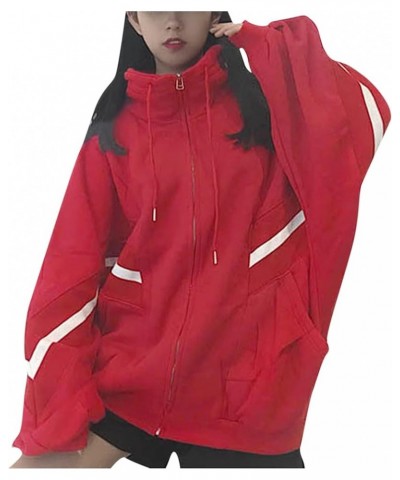 Womens Long Sleeve Sweatshirt Drawstring Zip Up Hoodies with Pocket Korean Clothes A6-red $11.39 Activewear