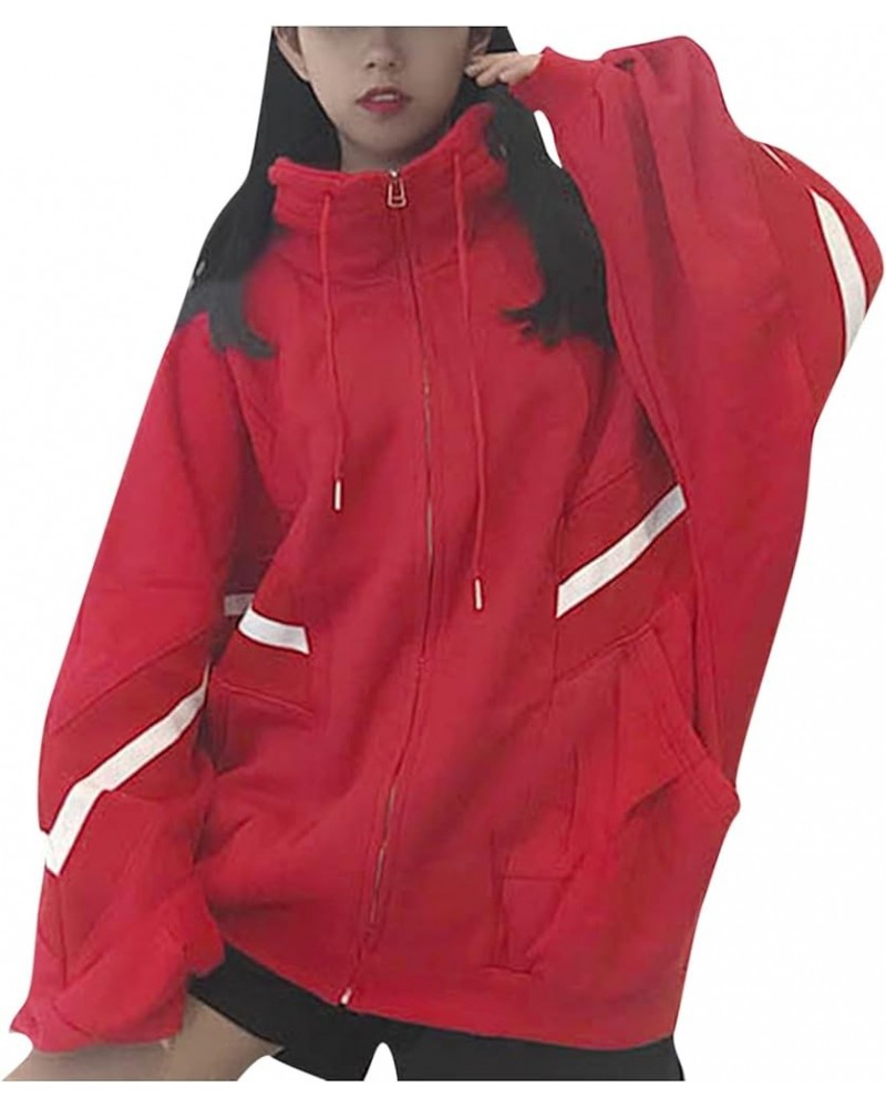 Womens Long Sleeve Sweatshirt Drawstring Zip Up Hoodies with Pocket Korean Clothes A6-red $11.39 Activewear