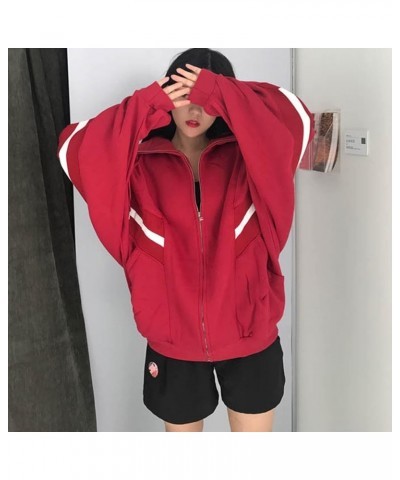 Womens Long Sleeve Sweatshirt Drawstring Zip Up Hoodies with Pocket Korean Clothes A6-red $11.39 Activewear