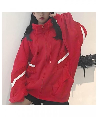 Womens Long Sleeve Sweatshirt Drawstring Zip Up Hoodies with Pocket Korean Clothes A6-red $11.39 Activewear