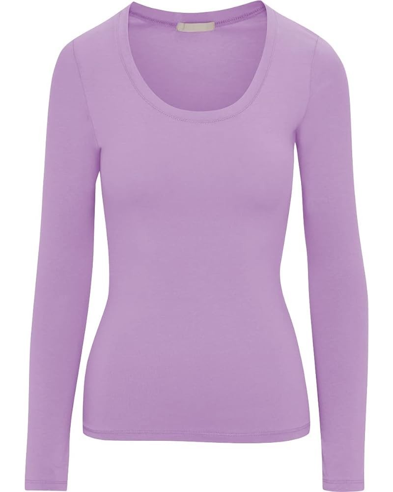 Women's Long Sleeve Stretch Cotton Slim Fit Lightweight Basic T-Shirt Scoop Neck Lavender $10.19 T-Shirts