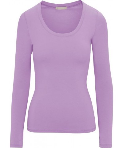 Women's Long Sleeve Stretch Cotton Slim Fit Lightweight Basic T-Shirt Scoop Neck Lavender $10.19 T-Shirts