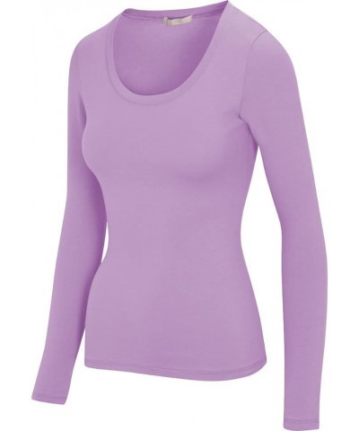 Women's Long Sleeve Stretch Cotton Slim Fit Lightweight Basic T-Shirt Scoop Neck Lavender $10.19 T-Shirts