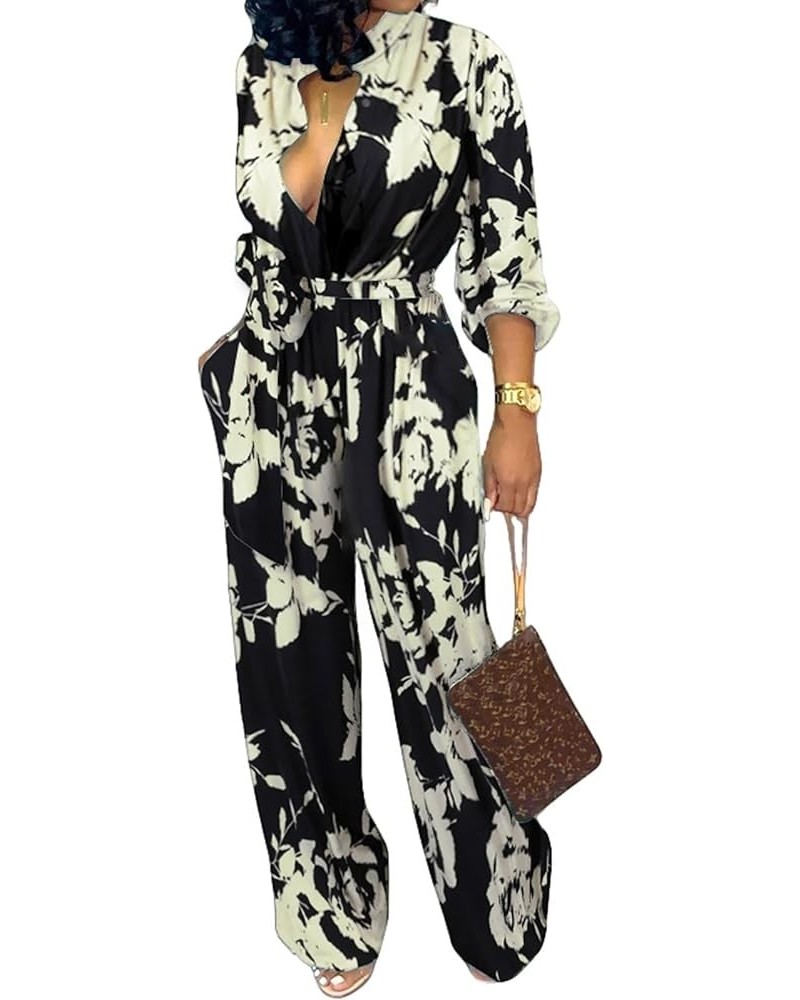 Jumpsuits for Women Dressy Sexy Long Sleeve Casual Long Pants Suits Clubwear Evening Party Belt Pockets Black Flower $13.65 J...