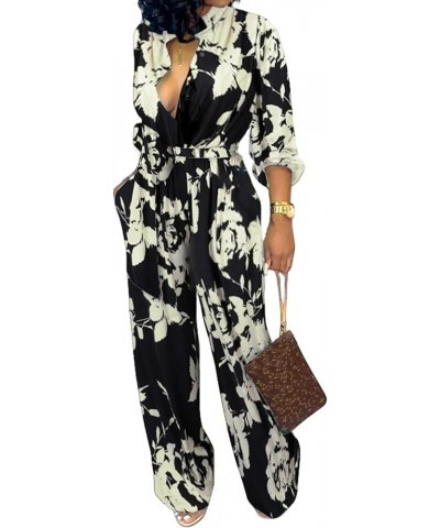 Jumpsuits for Women Dressy Sexy Long Sleeve Casual Long Pants Suits Clubwear Evening Party Belt Pockets Black Flower $13.65 J...