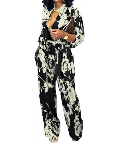 Jumpsuits for Women Dressy Sexy Long Sleeve Casual Long Pants Suits Clubwear Evening Party Belt Pockets Black Flower $13.65 J...