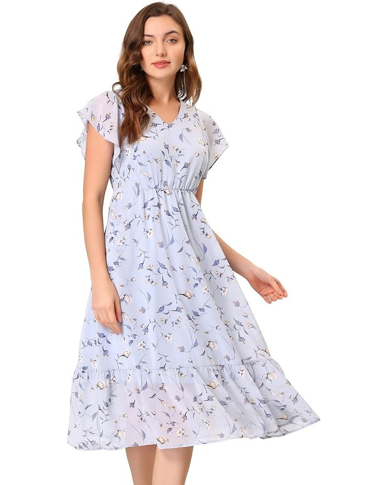 Women's Floral Flutter Sleeve V Neck Midi Ruffled Chiffon Dress Blue Gray $16.80 Dresses