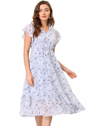 Women's Floral Flutter Sleeve V Neck Midi Ruffled Chiffon Dress Blue Gray $16.80 Dresses