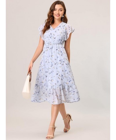 Women's Floral Flutter Sleeve V Neck Midi Ruffled Chiffon Dress Blue Gray $16.80 Dresses