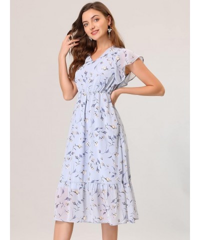 Women's Floral Flutter Sleeve V Neck Midi Ruffled Chiffon Dress Blue Gray $16.80 Dresses