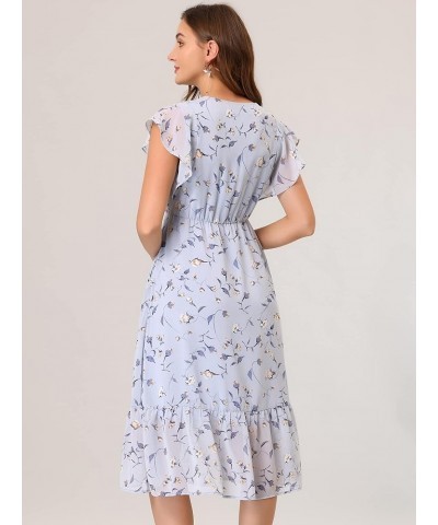 Women's Floral Flutter Sleeve V Neck Midi Ruffled Chiffon Dress Blue Gray $16.80 Dresses