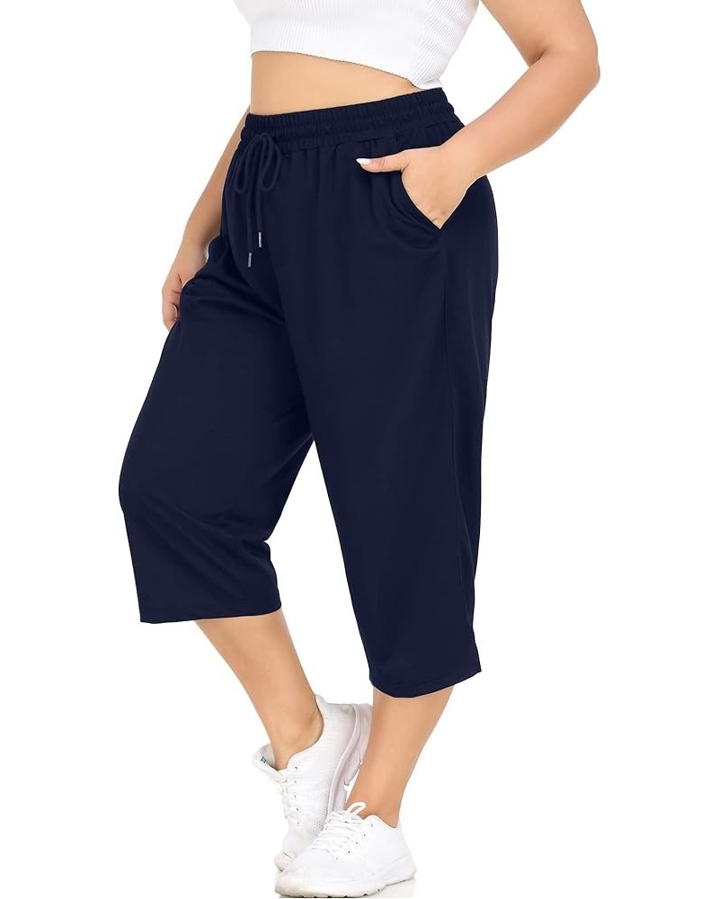 Plus Size Capri Pants for Women Loose Fit Yoga Pants with Pockets Workout Activewear Sweatpants Navy Blue $12.50 Pants