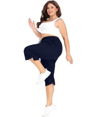 Plus Size Capri Pants for Women Loose Fit Yoga Pants with Pockets Workout Activewear Sweatpants Navy Blue $12.50 Pants