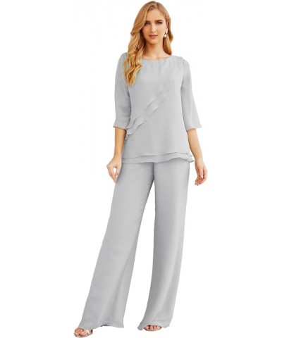 Chiffon Mother of The Bride Dress Plus Size Pant Suits Ruffle Layers Light Grey $37.50 Suits