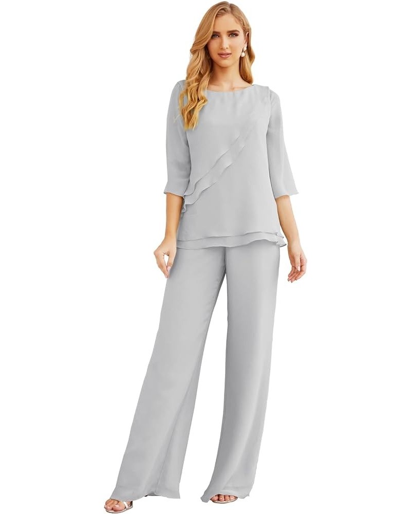 Chiffon Mother of The Bride Dress Plus Size Pant Suits Ruffle Layers Light Grey $37.50 Suits