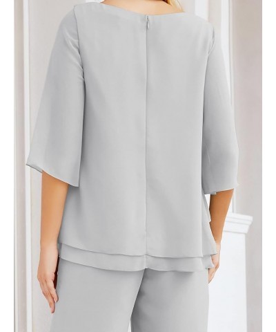 Chiffon Mother of The Bride Dress Plus Size Pant Suits Ruffle Layers Light Grey $37.50 Suits