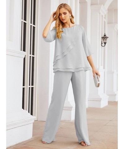 Chiffon Mother of The Bride Dress Plus Size Pant Suits Ruffle Layers Light Grey $37.50 Suits