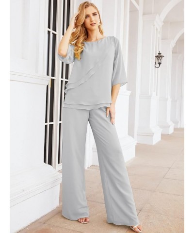 Chiffon Mother of The Bride Dress Plus Size Pant Suits Ruffle Layers Light Grey $37.50 Suits